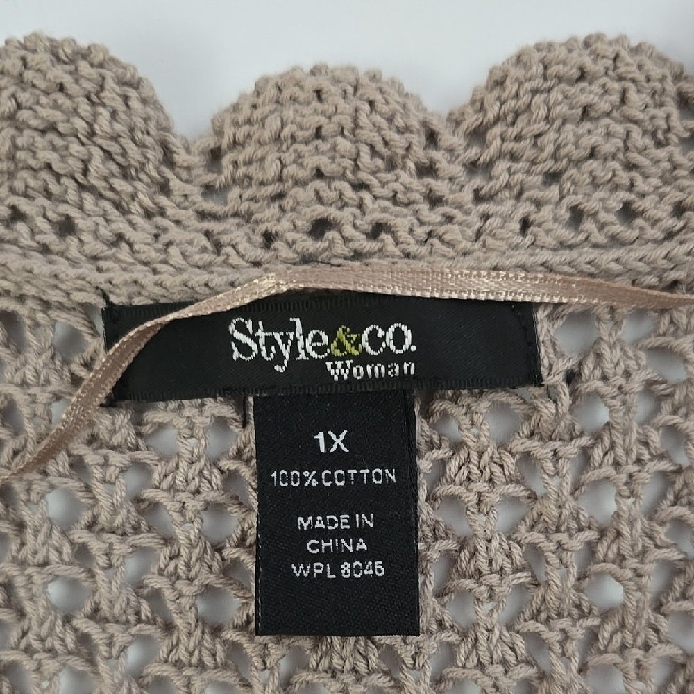 Style & Co Women's Open Front Short Sleeves Cotton Taupe Crochet Cardigan Sz 1X - Picture 10 of 13